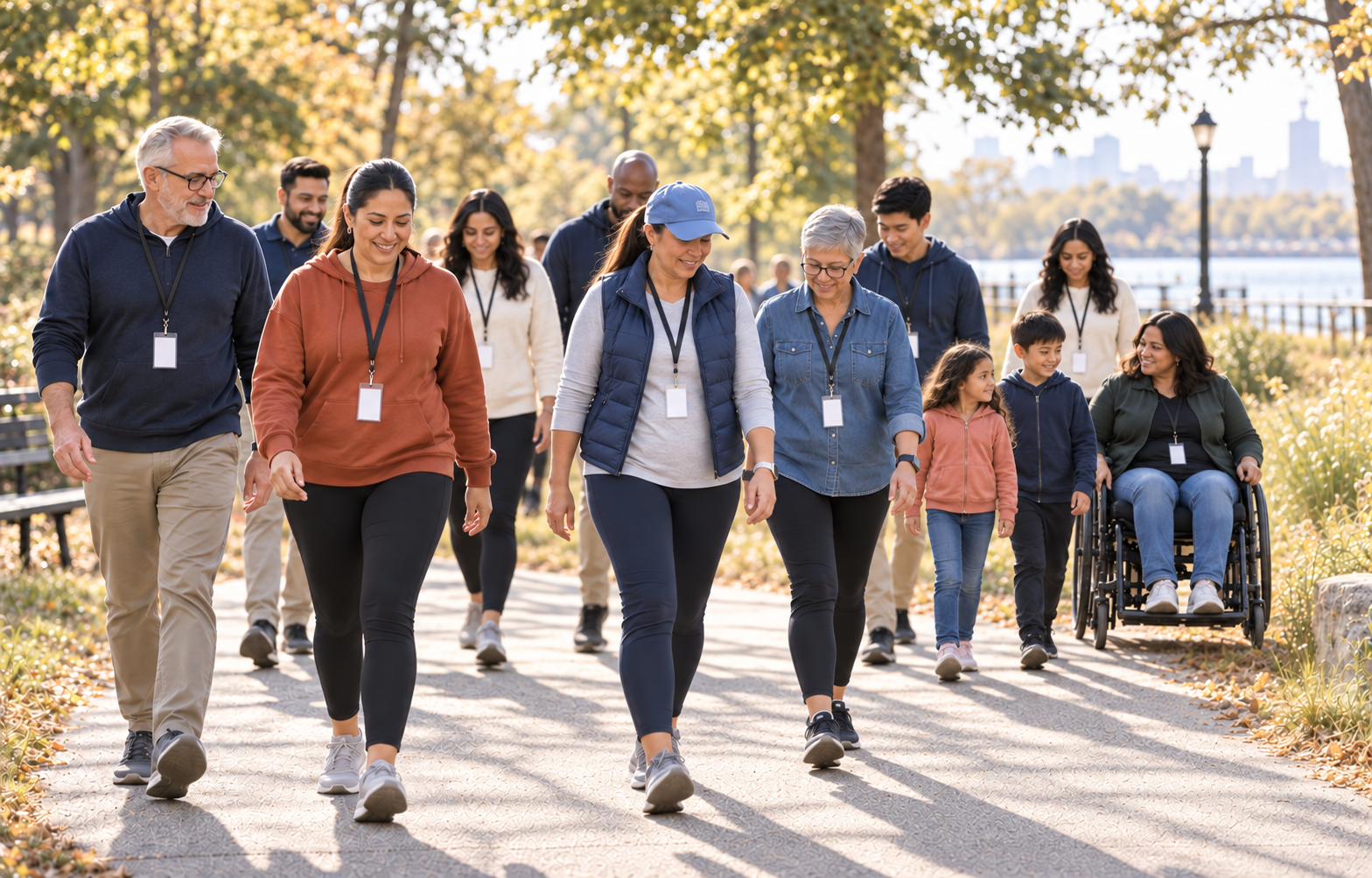 Community volunteers and families walking together at an outdoor fundraising event.