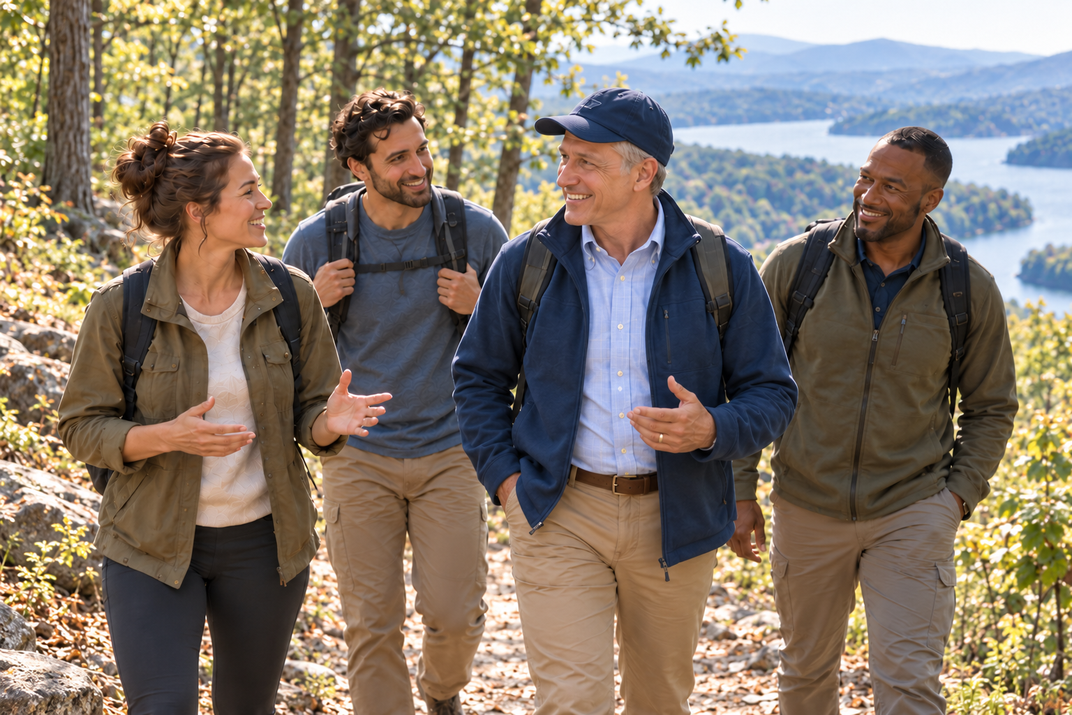 Edward Sirianno walking a sunlit ridge trail with three nonprofit leaders, all in conversation, a lake and hills behind them.