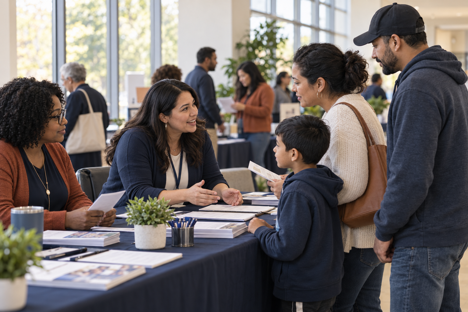 Staff speaking with a family at a community information event.