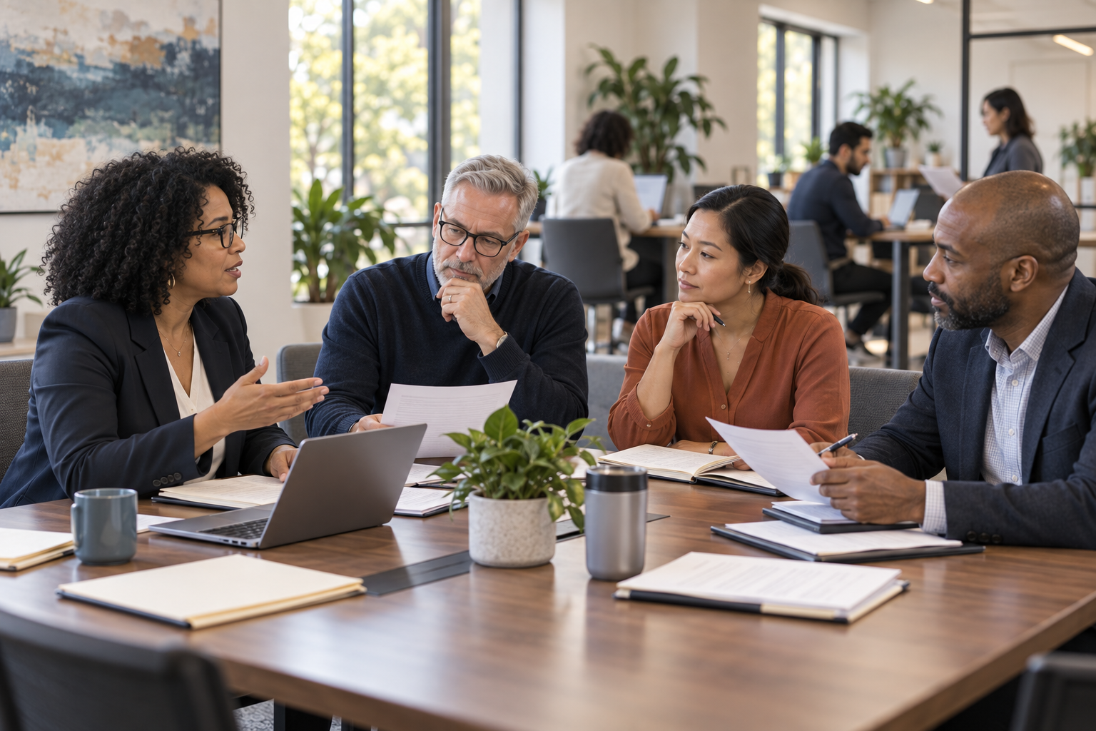 A nonprofit search committee reviewing candidate materials around a conference table.