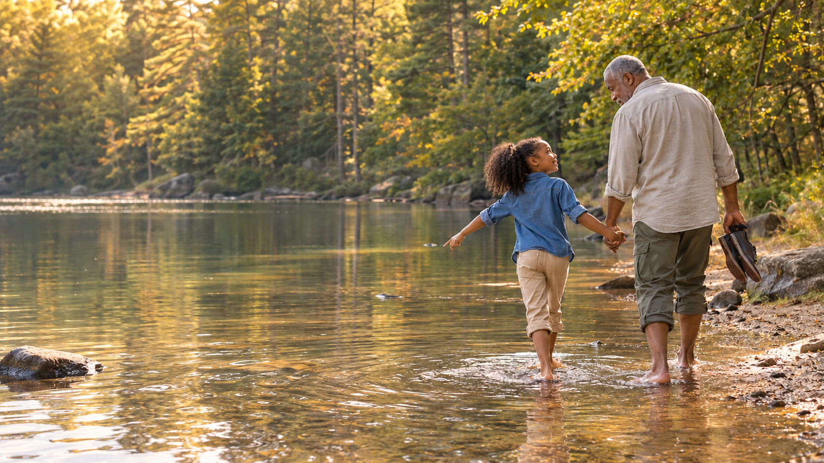 A grandfather and a young girl wading barefoot along a calm, golden-lit lake shore, she points out across the water.