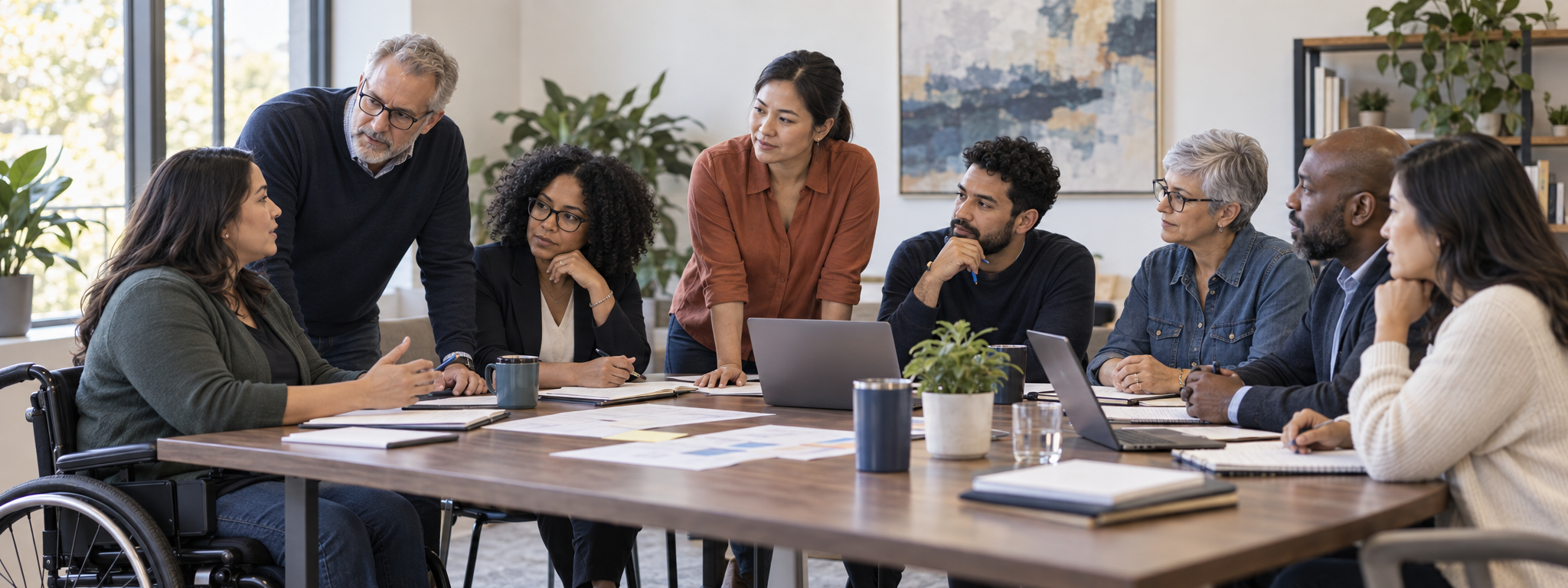 A diverse nonprofit leadership team discussing strategic plans around a conference table.