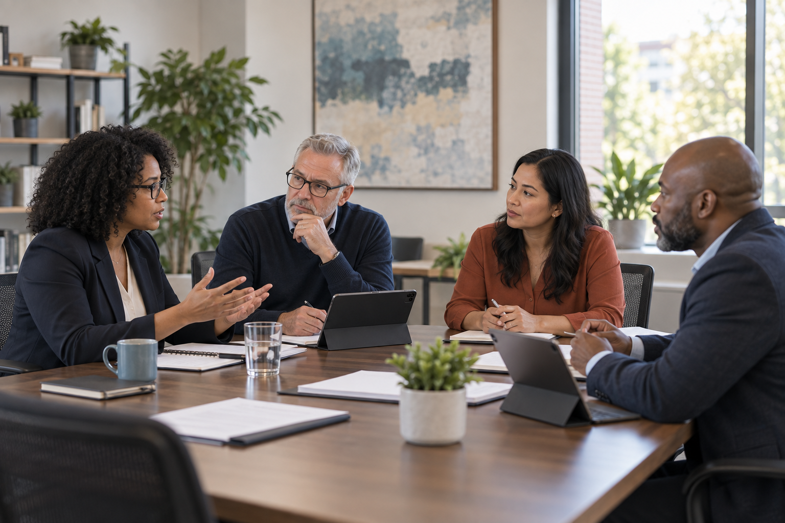 Four nonprofit board leaders discussing documents around a conference table.