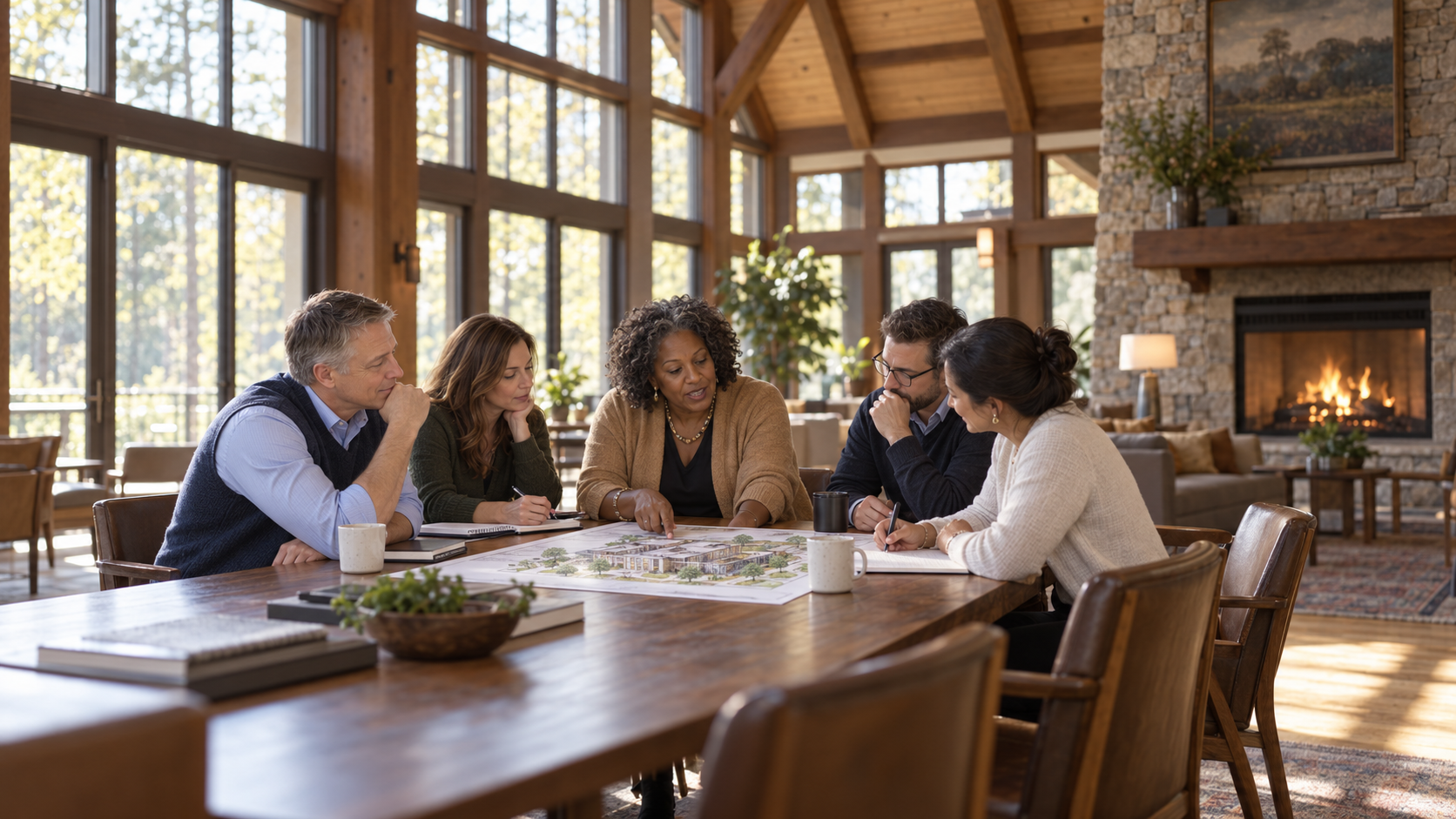 A woman leading a collaborative planning discussion around a table, with Edward Sirianno seated to the side listening.