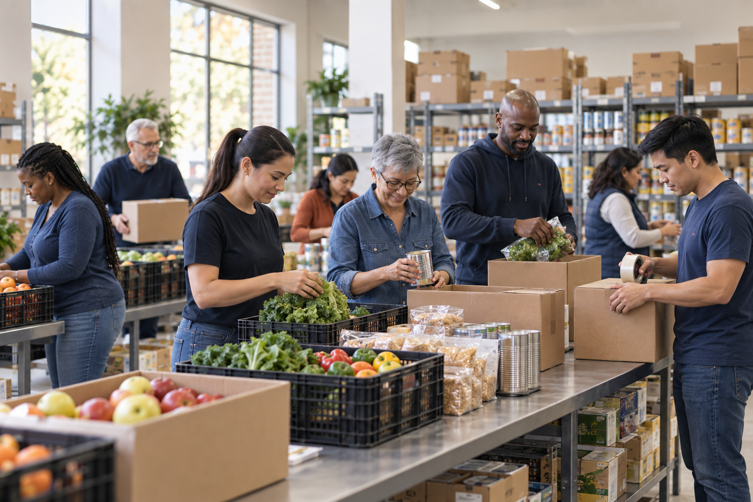 Volunteers packing fresh food and pantry staples at a community food center.