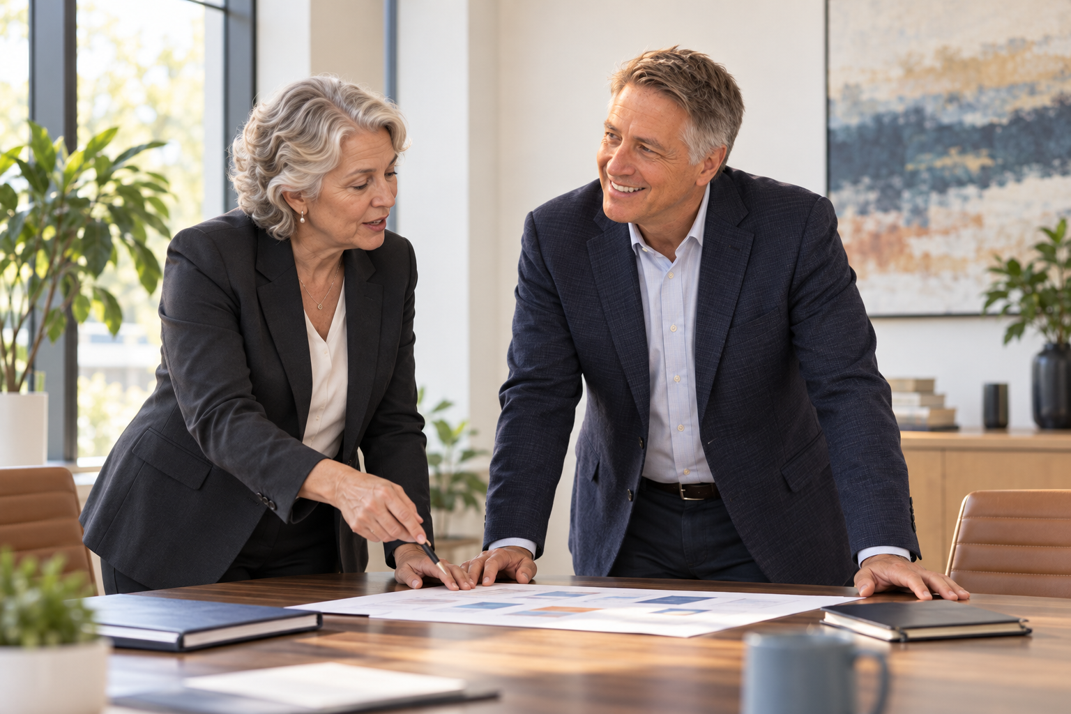 Edward Sirianno and a nonprofit leader reviewing plans together at a conference table.