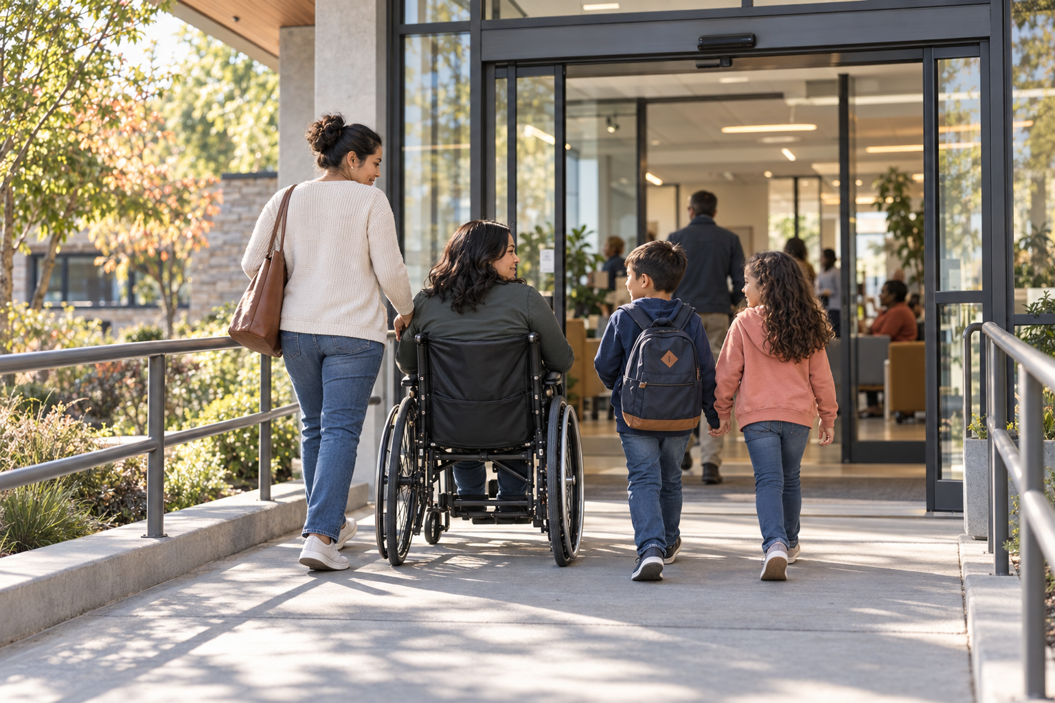 A wheelchair user and family approaching an accessible community-service entrance.