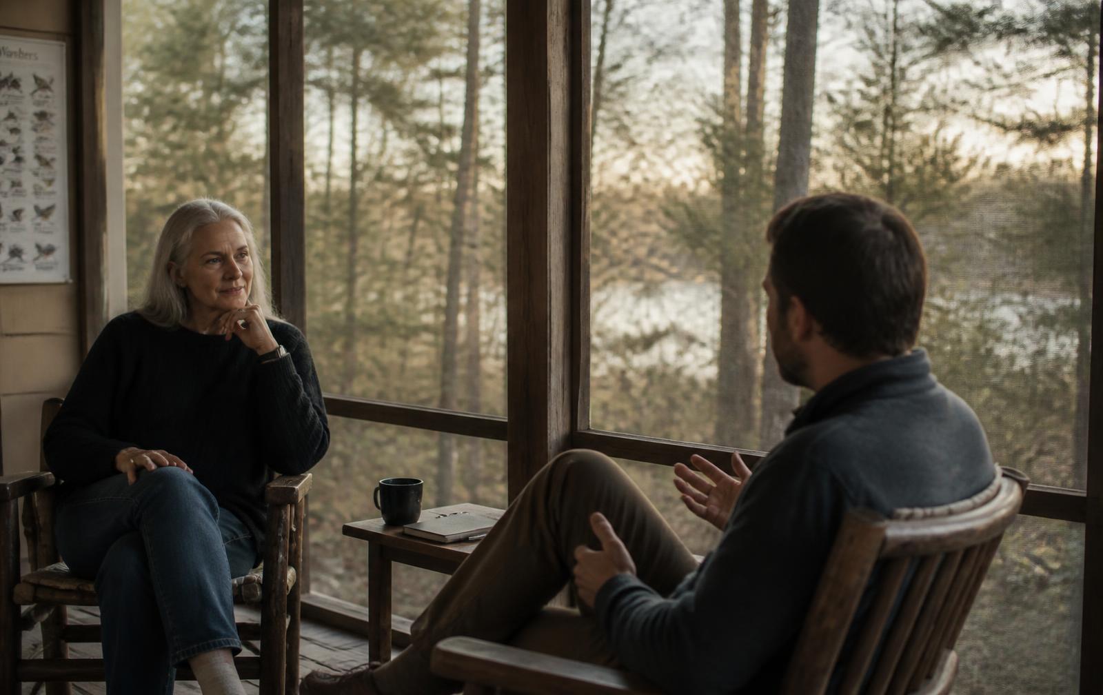 Two people in a quiet one-to-one conversation on a nature center porch, with woodland visible beyond the screens.