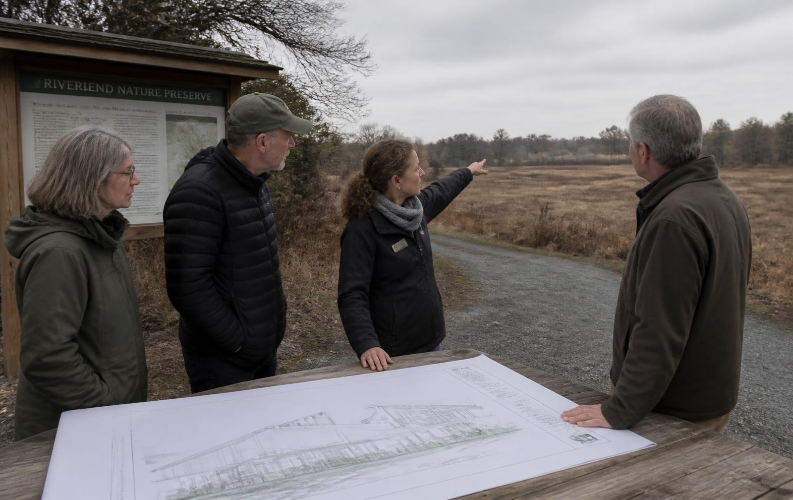 Trustees and staff reviewing facility drawings at a preserve trailhead, looking out toward the site a campaign would fund.