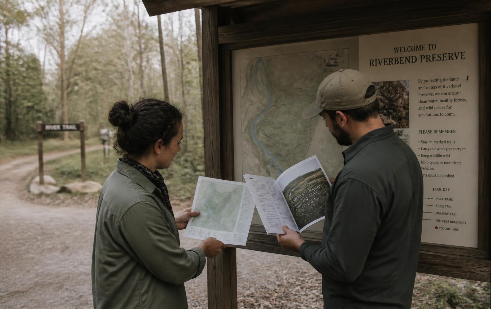 Two staff members at a preserve trailhead kiosk comparing a printed trail map and a report against the interpretive panel.