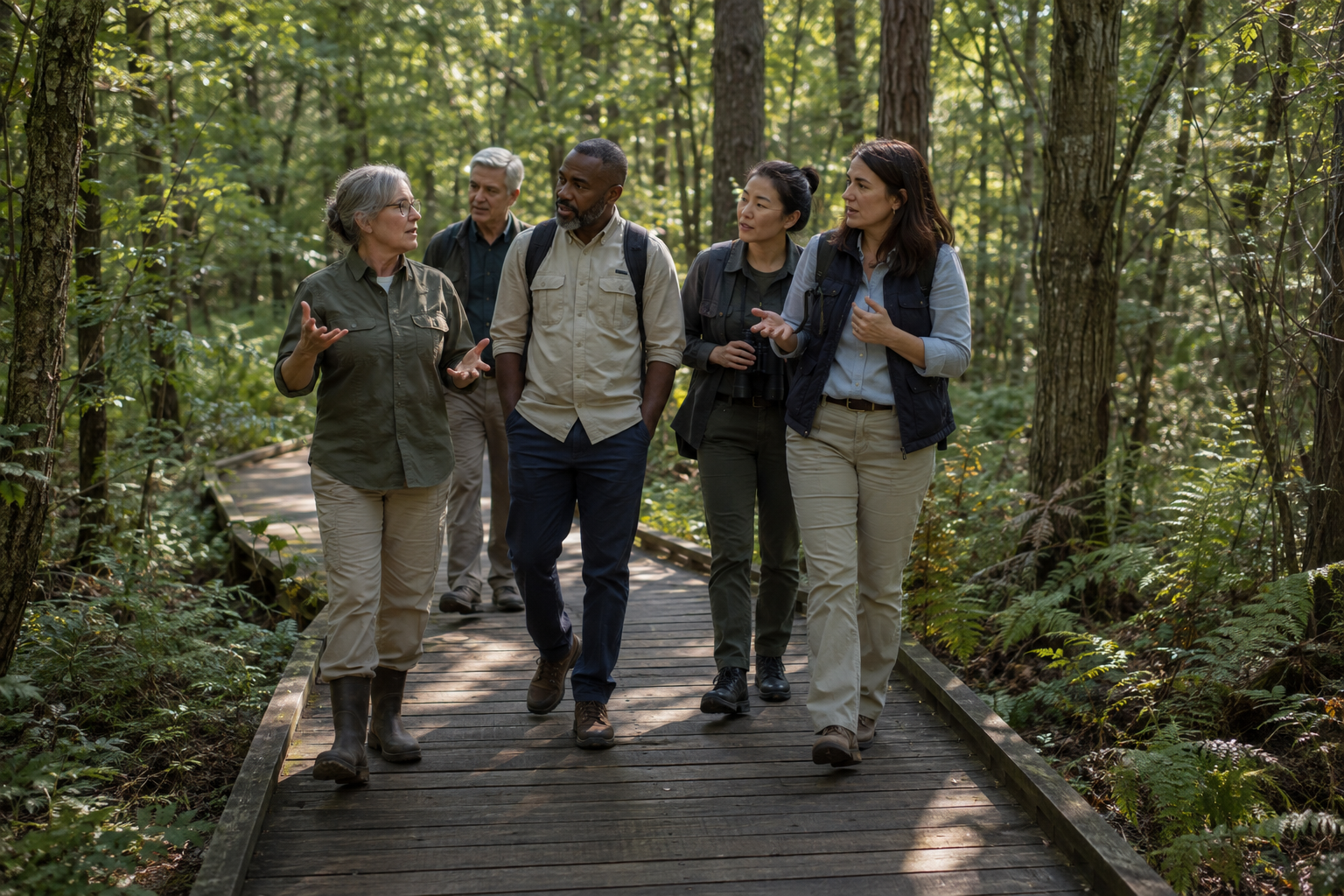 Conservation leaders in discussion on a nature center boardwalk