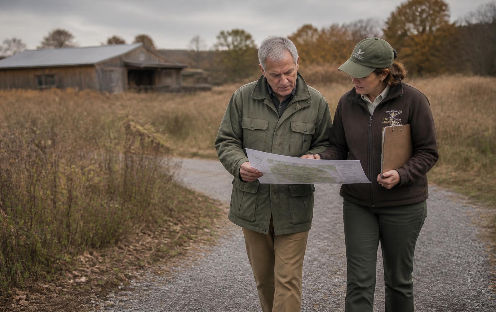 An advisor and a nature center director walking a preserve path together while reviewing a printed site plan.